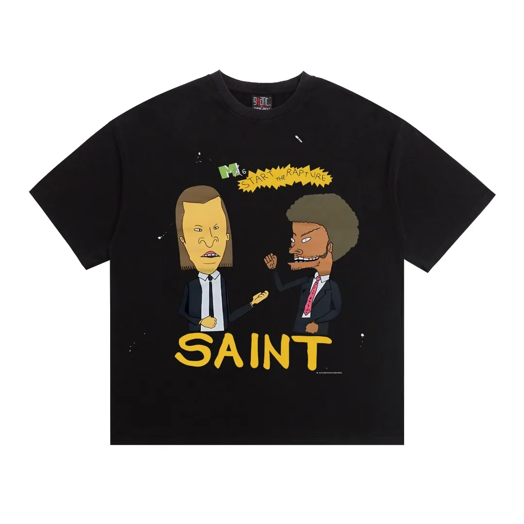 American-style Saint Michael's cheesy and big-headed printed washed, distressed and damaged loose short-sleeved T-shirt. Digital white ink direct printing. The fabric is breathable and the pattern is three-dimensional and clear. Fabric: Double yarn 240g Style number: S890 Size: S-M-L-XL Color: Washed black Price: P118